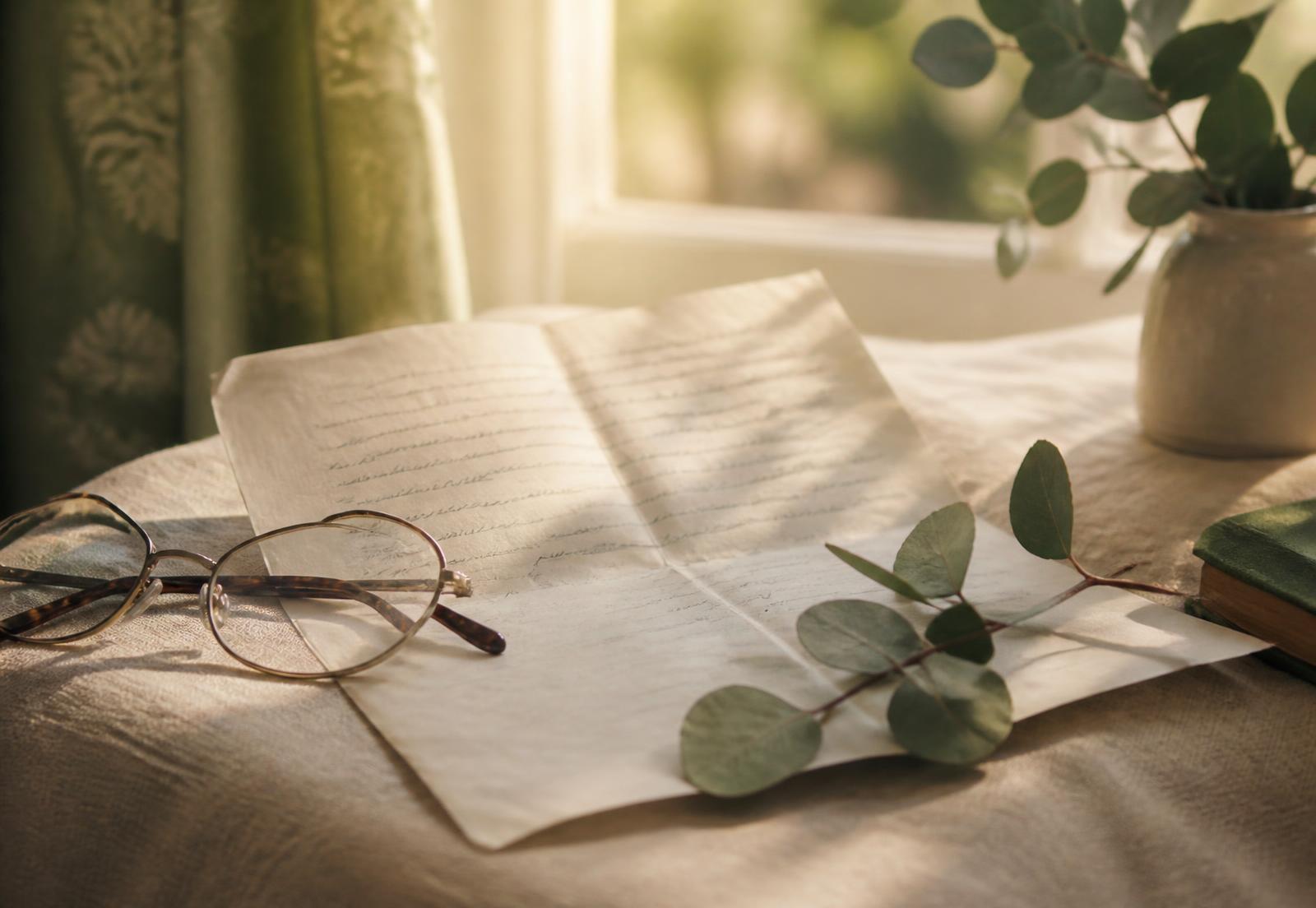 A handwritten letter, reading glasses and eucalyptus on a sunlit table